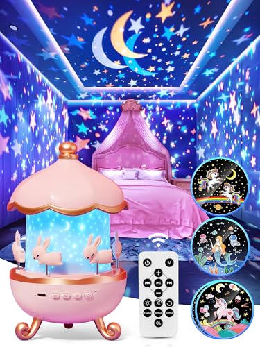 One Fire Christmas Gifts For Girls Night Light Projector, 15 Films+10 Music Baby Night Light Projector Light For Kids, Remote Control, Pink Plastic Kids Room Decor,Led