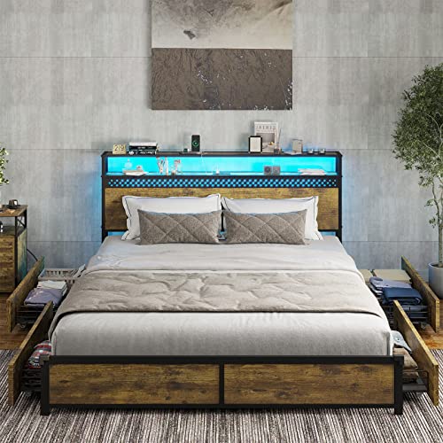 Adorneve Led Bed Frame Full Size With Charging Outlets And 2-Tier Storage Headboard, Metal Platform Bed With Storage Drawers, Full Bed Frame With 2 Led Lights,No Box Spring Needed,Vintage Brown #TOP2