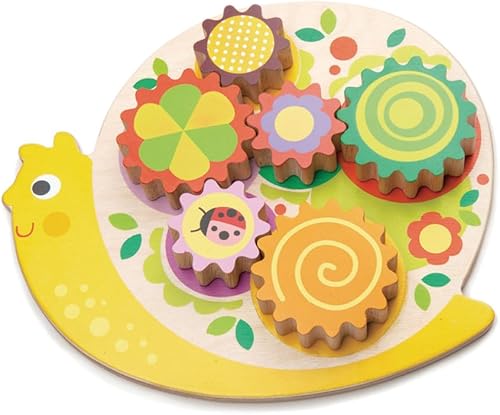 Tender Leaf Toys - Remolinos de caracol - 6 engranajes de flores extraíbles, juego para niños pequeños y niños - Apilamiento de madera, camas de