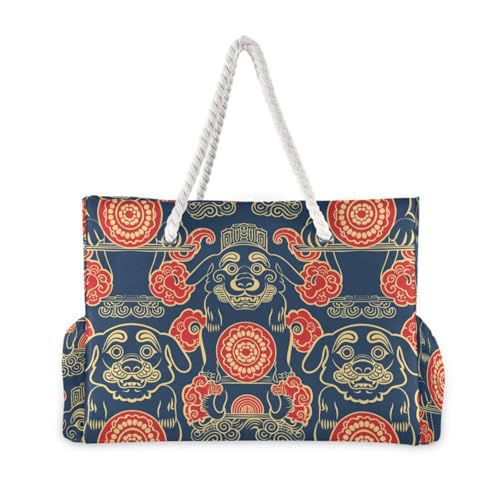 Ethnic Dog Design Blue Red Sturdy Zippered Tote Bags with side pocketes Womens Tote Bag Perfect for Travel Pool Swim Beach Vacation Necessities2