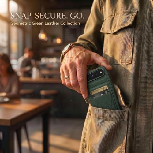 Image of amazon basics Premium Vegan Leather Back Cover with Card Holder and Integrated Mobile Stand for iPhone 17 Air - Slim Shockproof Wallet Case with Geometric Stitching [Green]