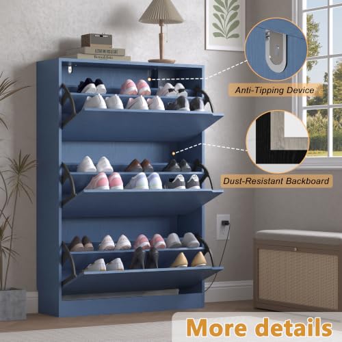 Image of BORNOON Shoe Cabinet with Odor Control and Back Panels, Deodorizing Slim 3-Flip Shoe Storage Cabinet for Entryway, Freestanding Hidden Shoe Rack Organizer for Entrance, Hallway, Bedroom