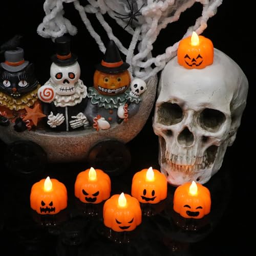 Image of Halloween Flameless Candles with 6H Timer, Pumpkin Tea Lights with Ghost Face Flickering, LED Candles Battery Operated Fall Decor 6 Pack Φ 1.9 inch H 1.6 inch for Halloween Decorations
