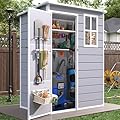 VONZOY Outdoor Resin Storage Shed, 5x3FT Plastic Storage Sheds with Floor, Lockable Door, Window, Waterproof Tool Sheds & Outdoor Storage Outside for Bike, Garbage Can,Garden, Grey White
