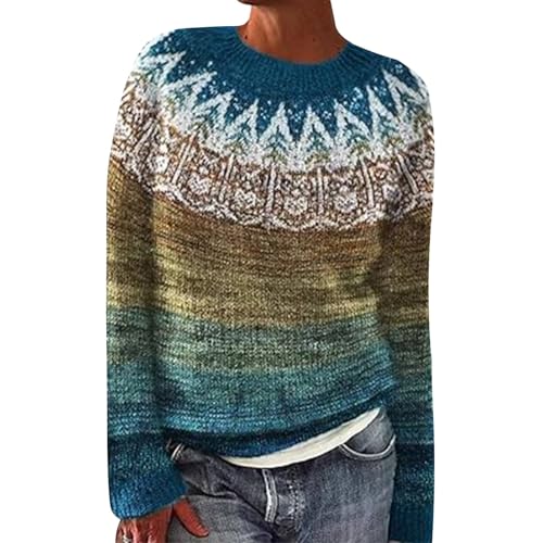 Suéteres de gran tamaño para mujer, con estampado artístico vintage, de punto, cuello redondo, suéter de cuello largo, azul oscuro, 3XL