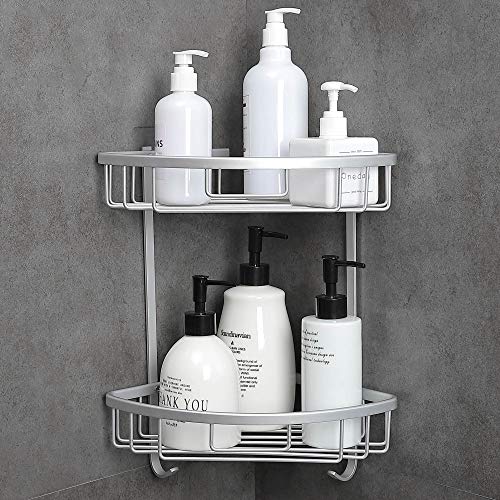 Hoomtaook Estanteria Baño Para Esquinas de Baño Ducha No Drill Viene con una caja de jabón 2 Niveles Plata