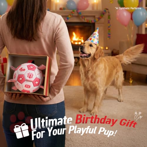Image of QDAN Dog Birthday Toys, Pink Soccer Ball with Straps, Interactive Tug of War Toy, Puppy Birthday Gifts, Water Toy, Durable Dog Balls for Medium Large (8 Inch)