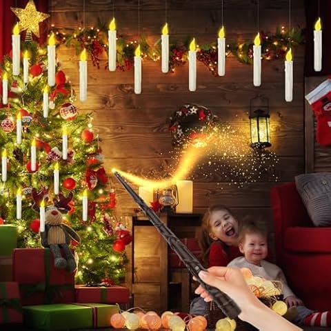 Mulukiss Christmas Decorations, Floating Candles with Magic Wand, 12Pcs Flameless Candles LED Candlesticks with Flickering Warm Lights for Christmas Decor Indoor and Outdoor Party Cover