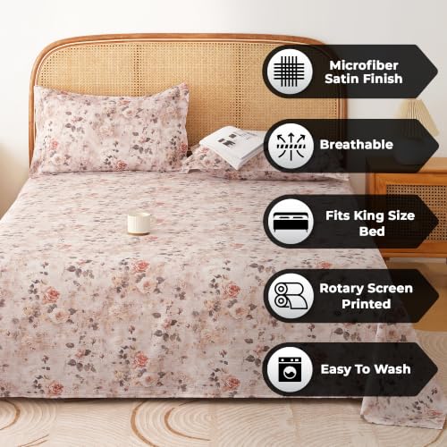 Image of Story@Home King Size Air Cotton Bedsheet 240 TC Flat Sheet with 2 Pillow Covers, Soft & Durable Bed Sheet for King Bed (250 x 270 cm, Floral Print, Ivory Rose)