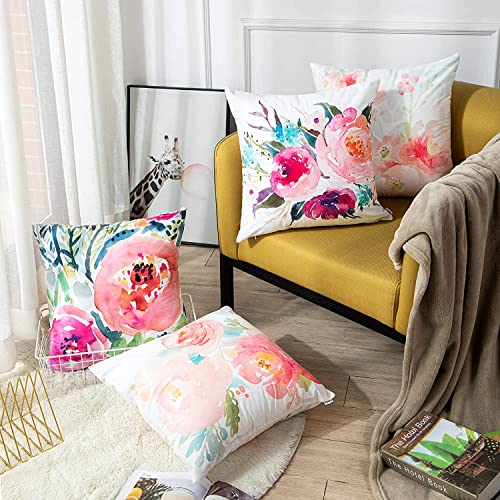 Emvency Set Of 4 Throw Pillow Covers Peonies Summer Watercolor Floral Pink Flower Decorative Pillow Cases #TOP1