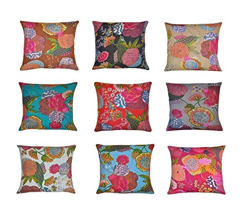 Labhanshi 16 x 16 Ethnique Indien Bohème Lot de 10 décoratifs Coton colorée carré pour Ensemble de canapé Home décoratifs Fruits Motif Boho Couvre-lit Taie d'oreiller Kantha Housse de Coussin