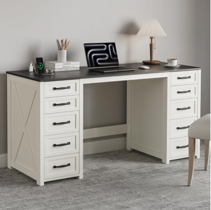 WOPITUES 60 Farmhouse Home Office Desk with 10 Wooden Drawers. Rustic Computer Writing Desk with...