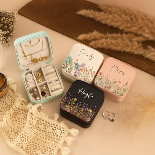 Image of PRIMIT Personalized Jewelry Box with Name & Birth Flower - Custom Travel Jewelry Organizer Case - Bridesmaid, Birthday, Christmas Gift for Women & Girls (Pink)