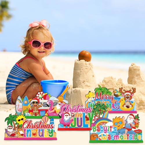 Image of Suzile 6 Pcs Christmas in July Table Decorations, Summer Christmas Table Centerpieces, Tropical Santa Tiered Tray Decor, Flamingo Surfboard Beach Santa Decor for Home Kitchen Party Hawaiian Ornaments