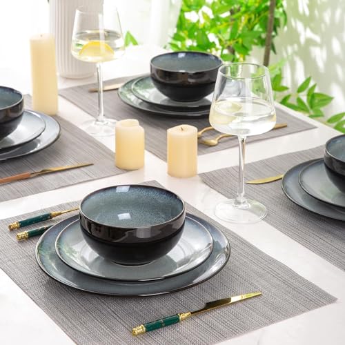 Image of LeRatio Ceramic Dinnerware Sets for 6,Stoneware Plates and Bowls Sets,Handmade Reactive Glaze Dishes Set,Chip Resistant and Scratch Resistant | Oven&Dishwasher & Microwave Safe-Gray White(18PCS)