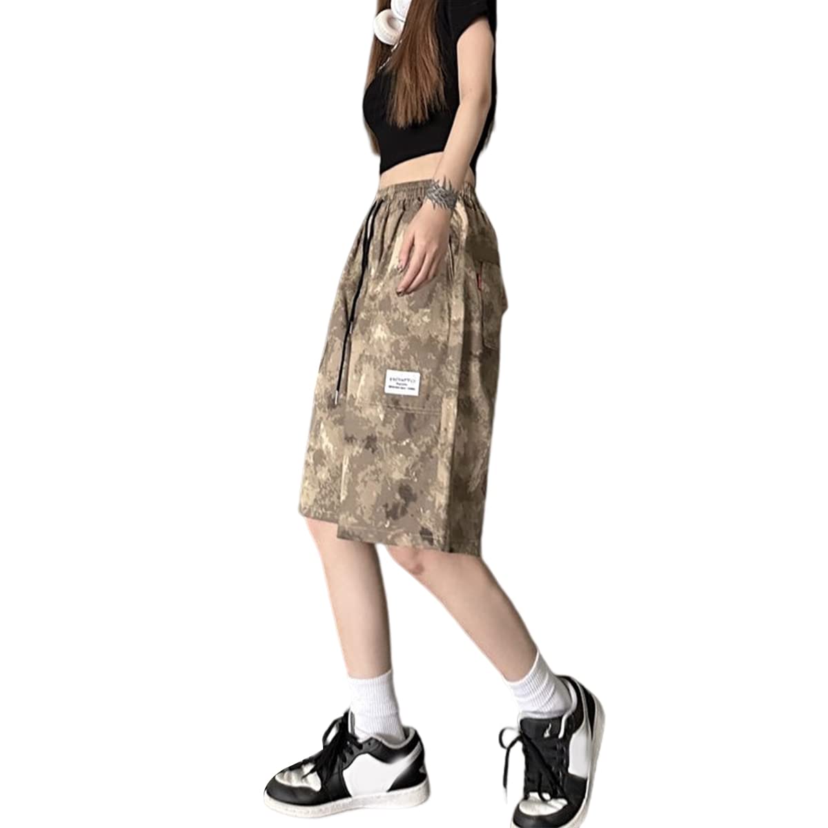 Linsennia Cargo Shorts Damen Camouflage hoch taillierte Y2k Bermuda Shorts mit Taschen Knielang Casual