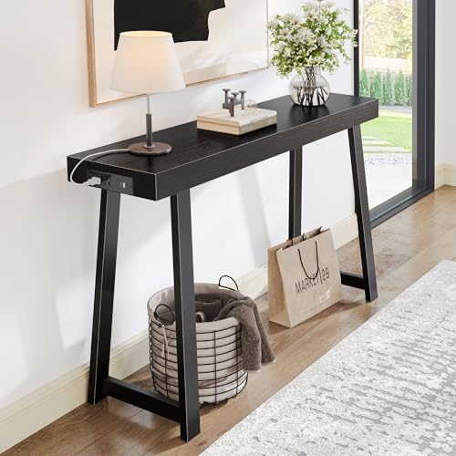 Huuger Entryway Console Table with Charging Station USB-C Port 47.2 Inch Sofa Table with Metal Legs Entry Hallway Table with Thicker Desktop Modern Behind Couch Table Black