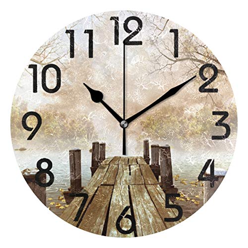 Naanle Vintage Foggy River Wooden Dock with Leaves and Tree Branches Round Wall Clock Decorative, 9.5 Inch Battery Operated Quartz Analog Quiet Desk Clock for Home,Office,School