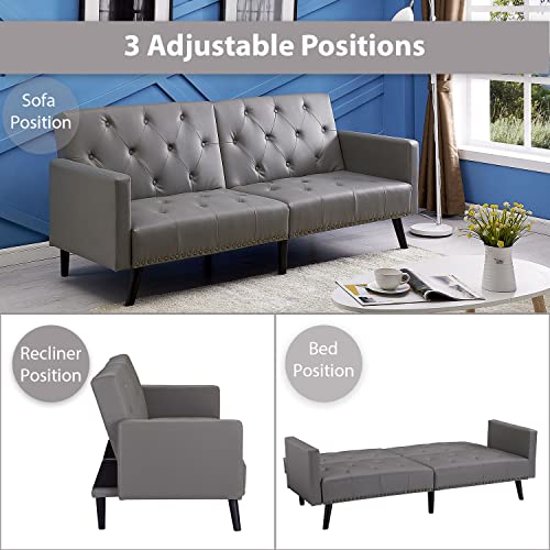 Jolene Tufted Split Back Futon, Mid Century Modern Convertible Sofa Bed For Small Rooms, Faux Leather Couch With Elegant Design, Perfect For Your Modern Living Room Or Guest Room - Gray, Faux Leather #TOP3