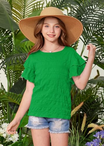 Image of Girls Summer Crewneck Tee Shirts Double Ruffle Short Sleeve Stretch Textured Fabric Casual Blouse 5-14 Years