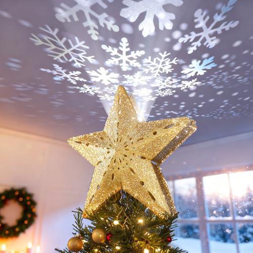 DG-Direct Topo de árvore de Natal estrela iluminada [dourado], topo de árvore de Natal com estrela brilhante oca 3D com projetor giratório mágico de floco de neve branco frio para enfeite de árvore de