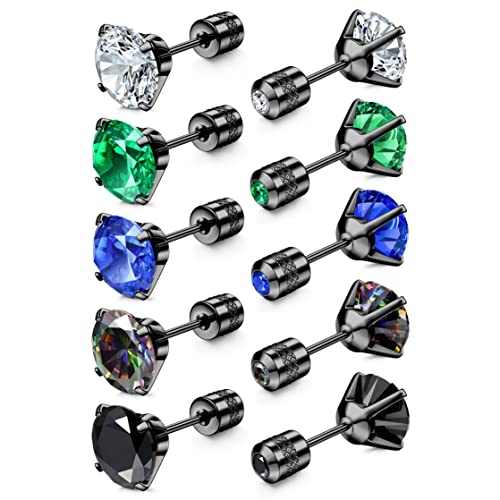 FIBO STEEL 5 Pairs Titanium Screw Back Surgical Stainless Steel Stud Earrings for Women Men, Rainbow 5A Cubic Zirconia Sleep Hypoallergenic Stud for Sensitive Ears