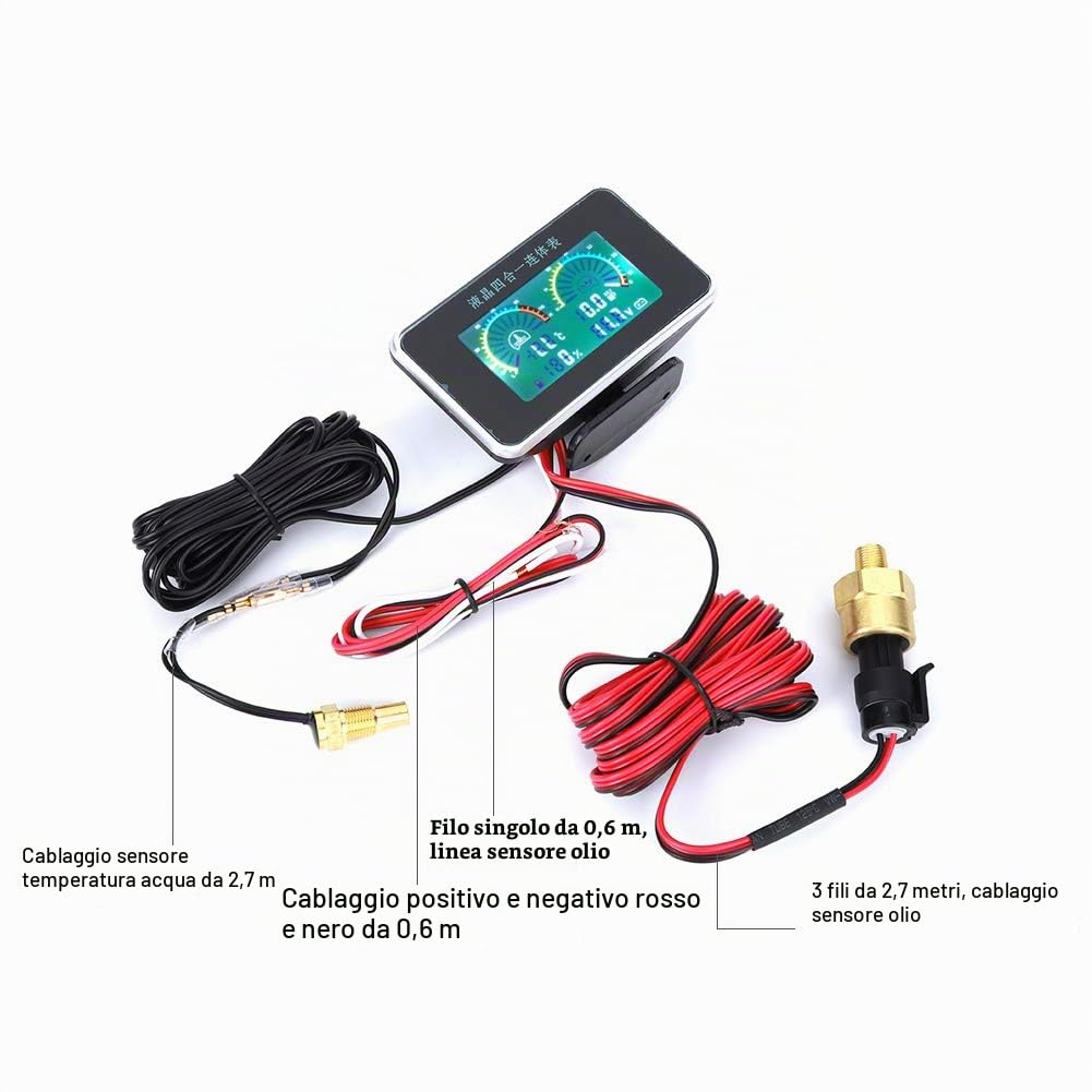 Display Digitale Auto 4in1 Voltmetro Carburante Temperatura DC 9V-36V per Monitoraggio Veicoli