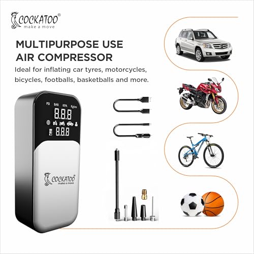 Image of Cockatoo 9166 Tyre inflator High-Power Portable Air Compressor Pump, 80W, 21mm Cylinder, 3x2000mAh Battery, Fast Inflation in 7-8 Minutes, LED Display, Preset Tire Pressure, SOS, USB Charging