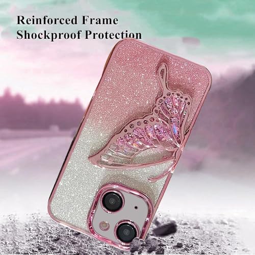 Image of mobistyle Designed for iPhone 14 Plus Cover with Glitter Cute Butterfly Electroplating Design Back Cover Case for Women Teen Girls (Pink)