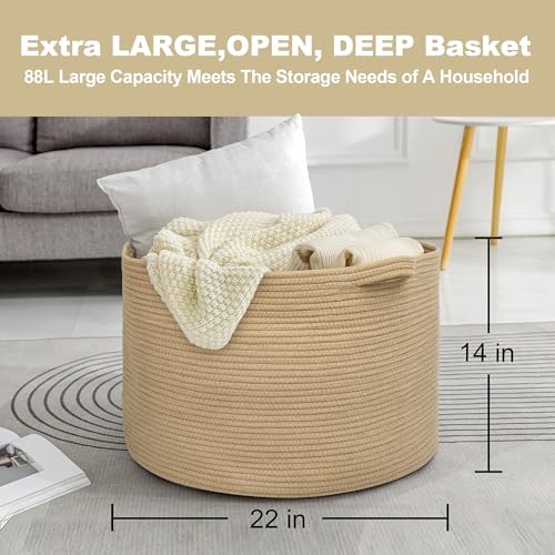 Image of MEGASKET Extra Large Storage Basket, 22 inch X 22 inch X 14 inch Stuffed Animal Basket for Living Room Kids Room, Soft Cotton Rope Bin With Handle, Throw Blanket Storage, Stuffed Animal Toy Organizer Box