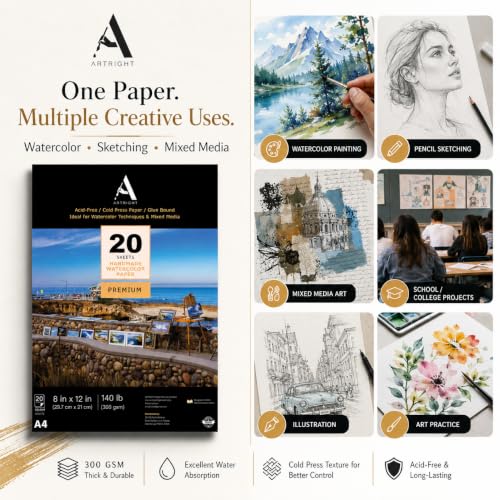 Image of ArtRight Artists' Watercolor Paper A4 300 GSM - 20 Sheets of Handmade Rough Grain Water Colour Papers for Watercolour, Acrylic, Gouache, Ink & Mixed Media