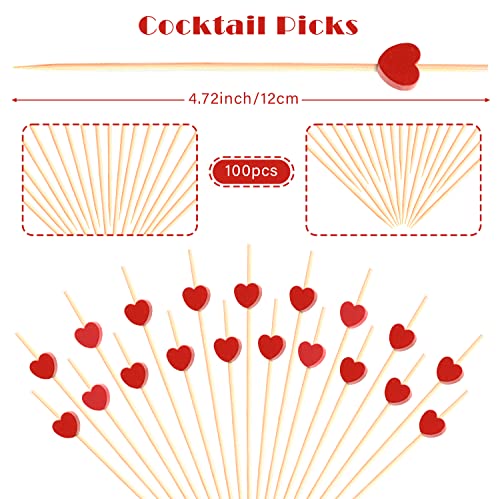 100Pcs Red Heart Cocktail Picks 4.7" Long Fruit Sticks Food Toothpicks Sandwich Appetizer Charcuterie Skewers, Handmade Of Bamboo Wood, For Birthday, Wedding, Valentines Day Decoration Party Supplies #TOP1