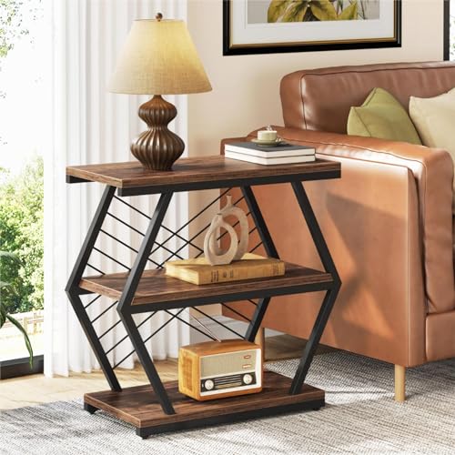 Tribesigns End Table, Industrial Side Table with 3 Storage Shelves, Wood Sofa Side Table with Geometric Metal Frame, Bedside Table for Living Room, Bedroom (1PC, Rustic Brown)