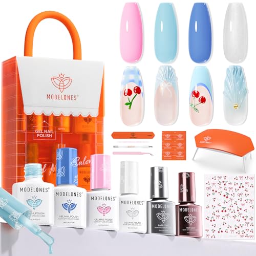 modelones Gel Nail Polish Kit with U V Light, Pearl White Glitter Baby Blue Light Pink Sky Blue Manicure Set with Cherry Stickers, Base Top Coat, 4 Colors Gel Mini Salon Starter Spring Gift