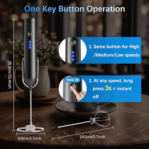 Image of Rechargeable Milk Frother with Stand, Electric Frother Wand Handheld Coffee Foam Maker Detachable Stainless Steel Whisk Drink Mixer Foamer for Latte, Cappuccino, Hot Chocolate, Egg (Black)