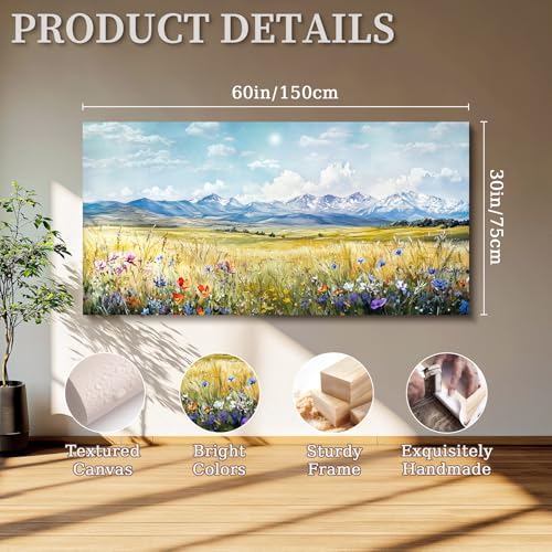 SERIMINO Outdoor Landscape Large Wall Art, Nature Country Scenic Canvas Art Prints, Meadow Wildflowers Big Artwork for Walls, Mountain Cloud Sunlit Pictures for Living Room Dining Room 30"X60"