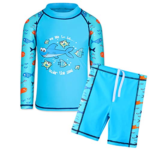 TFJH E Boys Swimsuits 2PCS Rashguard Sunsuit Kids Beachwear UV 50+ Size7-8 Blue Fish 8A