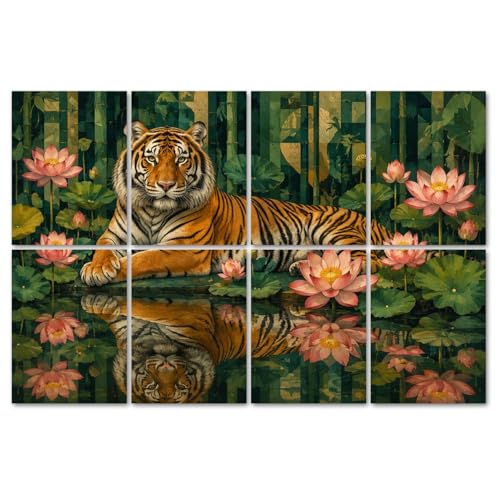 8 Pack Art Acoustic Panels Sound Absorbing Majestic Tiger Lying Among Pink Lotus Flowers Reflective Water Green Decorative Soundproof Wall Panels Self Adhesive for Recording Studios Office 48"x32" miniatura 1