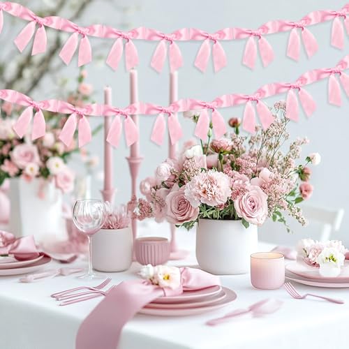 Image of 2pcs Bow Garland Banner Ribbon Bow Party Decor for Baby Shower Women Girls Bow Coquette Birthday Party Decorations (Pink)