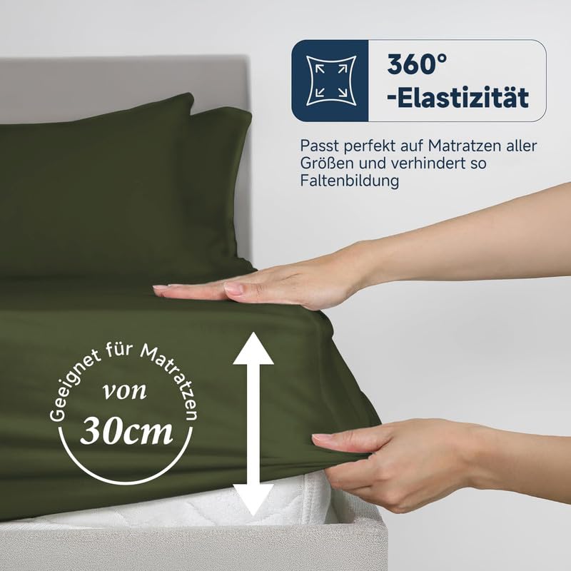 Gezu Baumwollesatin Spannbettlaken 180x200cm Mako Satin Grün Olivgrün | Weich Hypoallergen Thermoregulierend Spannbetttuch Bettlaken 180x200cm Spannbettlaken Baumwolle Sommer für bis 30cm Matraze