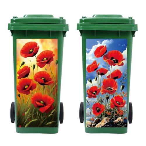 Image of Peacoblue Wheelie Bin Stickers 2 Sheets Papaver Rhoeas Sticky Dustbin Stickers Decals, 15 inch x 32 inch Waterproof Large Wraps for Trash Cans Bins Fridges Door Wall Garden Outdoor Indoor Patio Decor