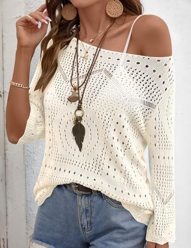 Image of Rapbin Womens Crochet Hollow Out Knit Tops 3 /4 Sleeve Spring Summer Sweaters Beach Cover Ups for Women Trendy 2026