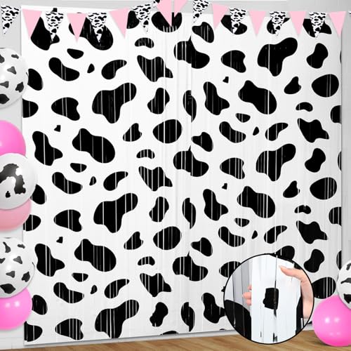 Image of WovWeave 2 Pcs Cow Party Decorations 3.3 x 6.6 ft Black and White Cow Farm Foil Fringe Curtains Backdrop Tinsel Streamers for Photo Booth Farm Birthday Disco Cowgirl Rodeo Party Decor Supplies