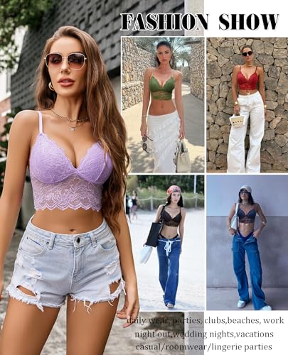 Image of Avidlove Lace Bralettes for Women V Neck Spaghetti Strap Bra Unpadded Tops Sexy Cami Crop Top Going Out Lingerie