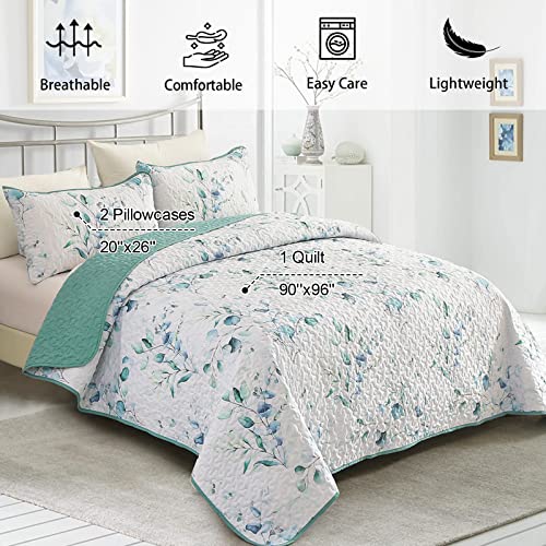Djy Floral Quilt Set Queen Size 3 Pieces Botanical Green Bedspread Green Leaves Soft Microfiber Lightweight Coverlet Bedding Quilt With 2Pillowcases For All Season (Queen 96''X90'') #TOP1