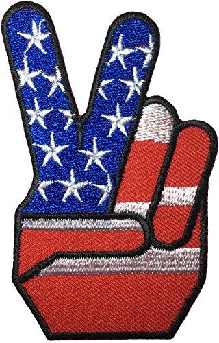 Two Finger Peace Sign with USA Flag American Embroidered Iron Sew On Patch - Red Blue White by Ranger Return (IRON-2FNG-USA-RBW)