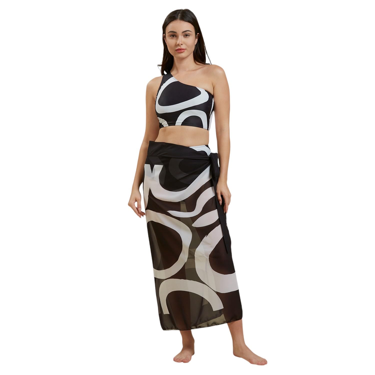 noroke Women's Premium Lucy Bikini with Sarong Black White | Stylish Bikini with Sarong for Women |3 pc Swimwear-picture-12