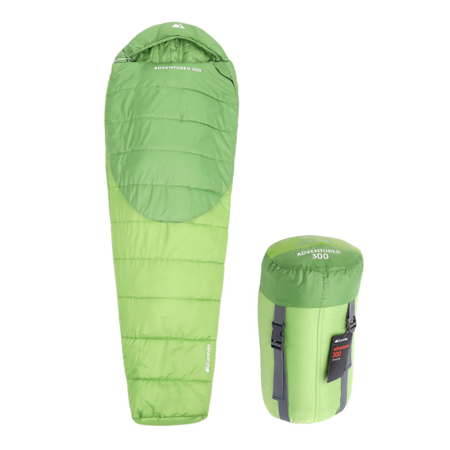Eurohike Adventurer 300 Sleeping Bag for Adults, Teens, Kids, 1 Person, 3 season, Small Pack Size, Portable, Indoor & Outdoor Use, Camping, Hiking, Backpacking, Travelling, Compression Bag, Green