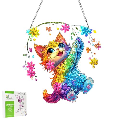 LOMSIOY ダイヤモンドアートペンダント 猫 簡単DIYビーズアート 初心者向け 動物 贈り物用 ハンギングデコレーション インテリア用 キラキラアート 特殊シェイプ チェーン付き 完成時間短 部屋・ドア・窓用 （20x20 cm）