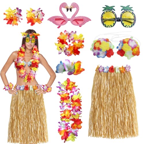 Hawaii Outfit Damen – Hula-Rock, Blumenkranz, Halskette & Armbänder Für Themenpartys